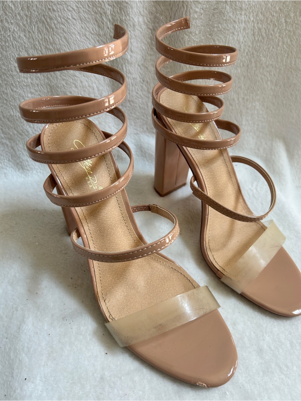 Cathy Jean Patent Spiral Wrap Block Heel Sandals - Nude Pink